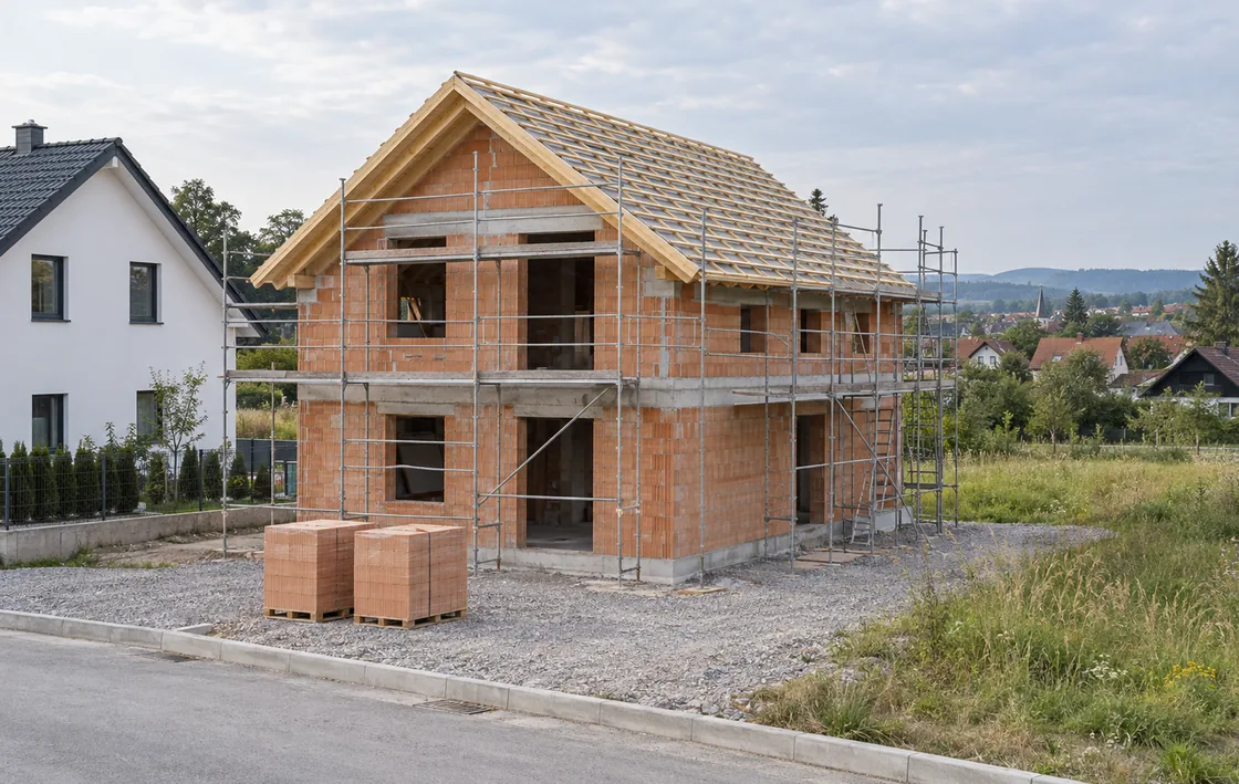 Rohbau eines Einfamilienhauses aus Ziegeln mit Gerüst und Dachstuhl in einem Neubaugebiet in Österreich